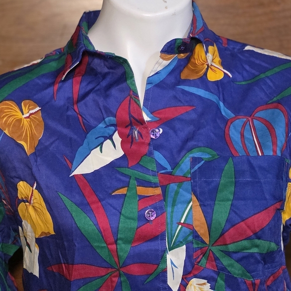 Par4 Petites Tropical Button Down Shirt Purple Size 12P - Picture 4 of 7